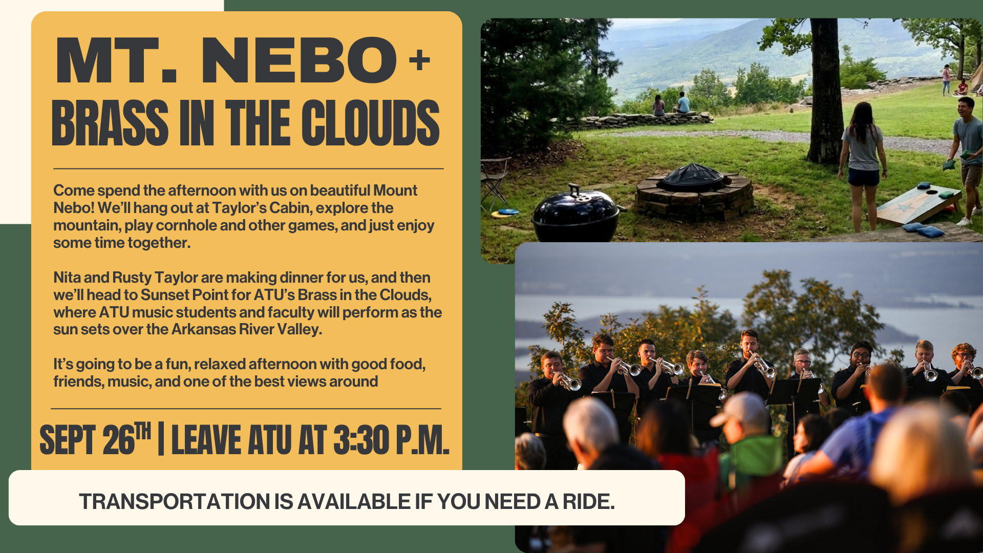 Mt. Nebo and Brass in the Clouds — September 26, leave ATU at 3:30 PM